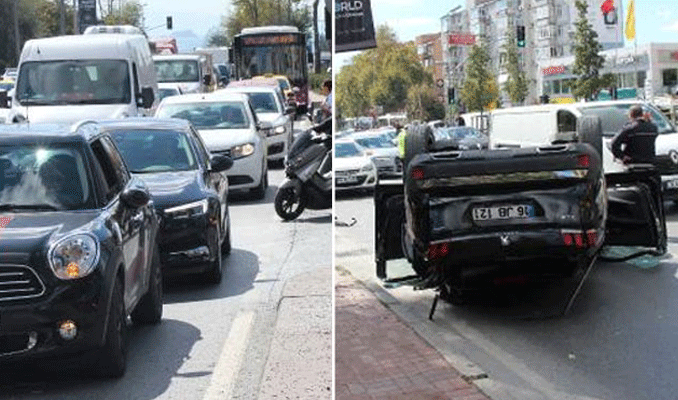 Beşiktaş'ta takla atan otomobil trafiği kilitledi