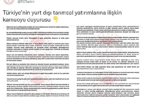Tarım ve Orman Bakanlığı: Türkiye adına yurt dışında arazi kiralanması söz konusu değildir